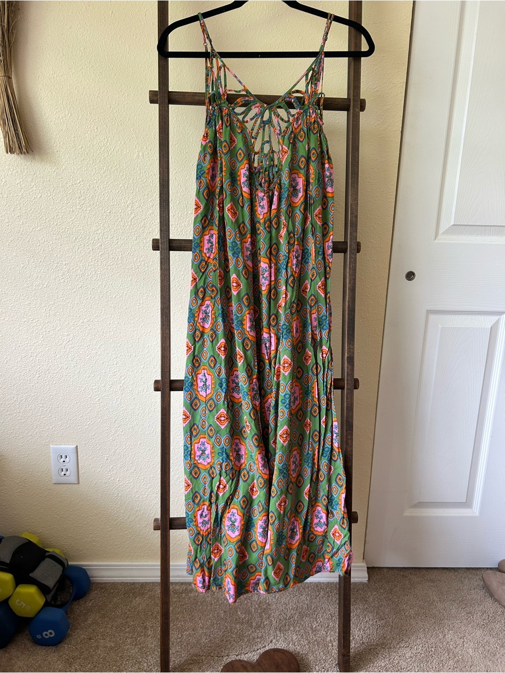 Anthropologie Green Printed Maxi Dress with Spaghetti Straps